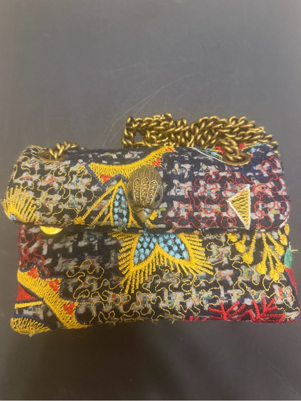 Kurt Geiger Black Multicolor Embroidered Chain Crossbody Bag